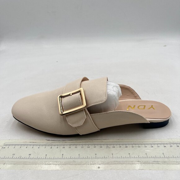 YDN Beige Round Toe Flat Mules Slip on Buckle Slippers Backless Home Shoes - Picture 1 of 7